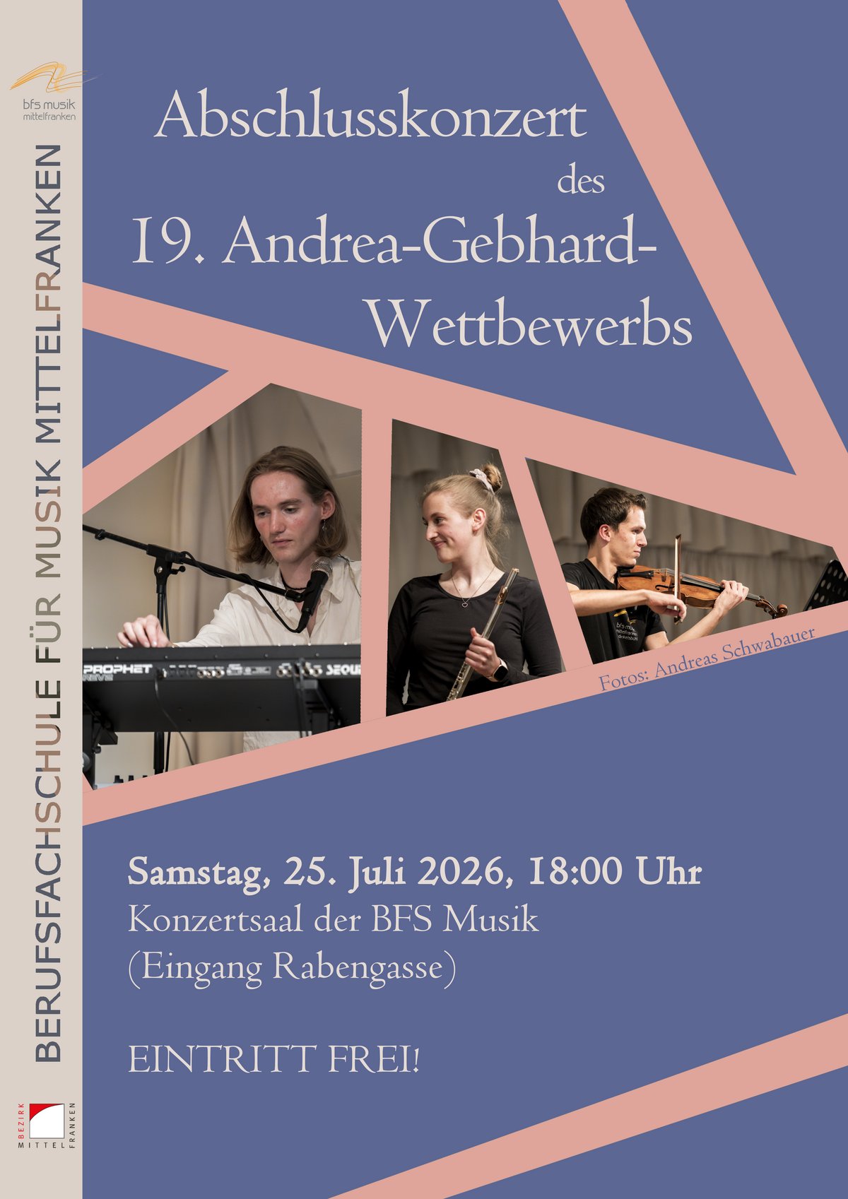 Andrea-Gebhard-Wettbewerb 2026 Dekoratives Bild: Plakat in Lila und Rosa mit Bildern von Preisträgerinnen und Preisträgern des Vorjahres