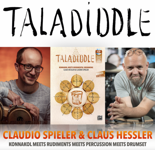 Werbeplakat für die Neuerscheinung Taladiddle mit dem Cover des Buches in der Mitte, links ein Portrait von Co-Autor Claudio Spieler, rechts ein Portrait von Claus Hessler.